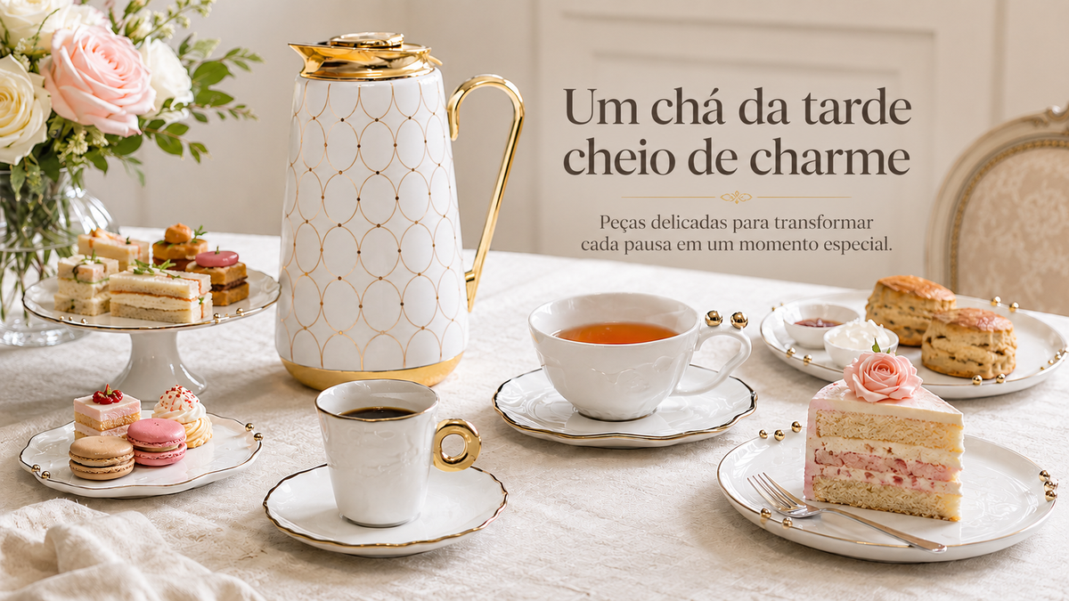 Coleção de chá com detalhes dourados.