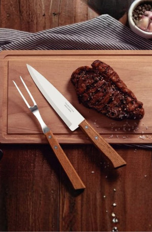 Kit Churrasco 3 Peças Trinchante Com Tábua em Madeira Natural e Lâminas em Aço Inox