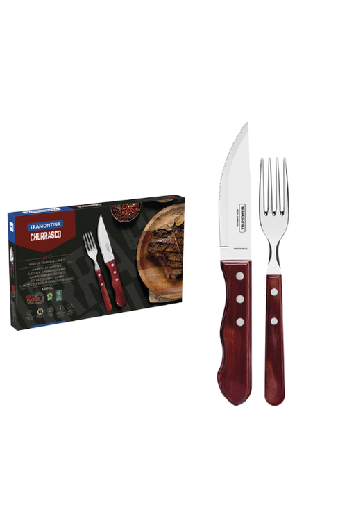 Conjunto de Talheres para Churrasco Jumbo em Aço Inox com Cabo Vermelho Polywood 12 Peças