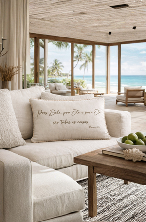 Almofada Decorativa em Linho com Frase Romanos 11:36 Bordada Bege