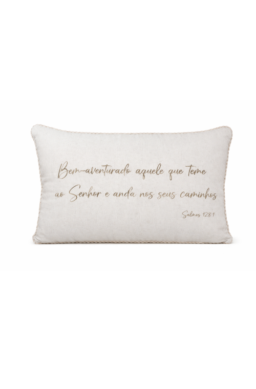 Almofada Decorativa em Linho com Frase Salmos 128:1 Bordada Bege
