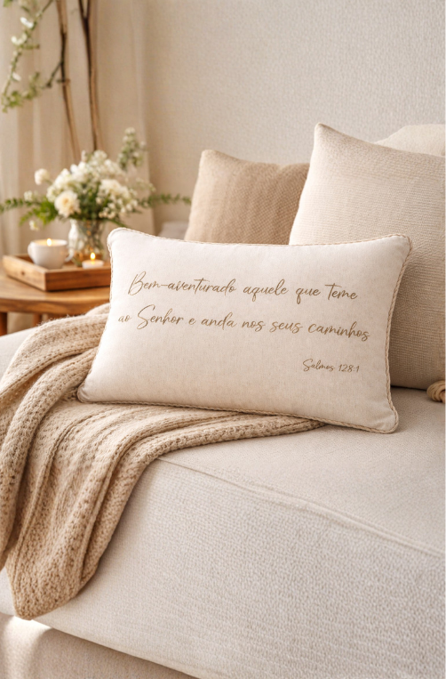 Almofada Decorativa em Linho com Frase Salmos 128:1 Bordada Bege