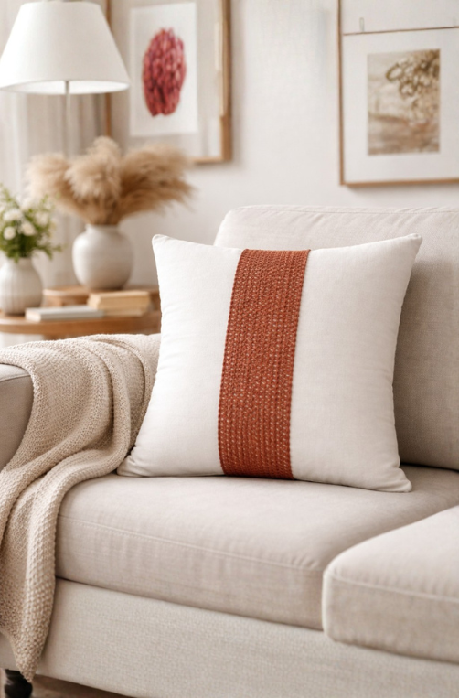 Almofada em Sarja Off White com Faixa Central Trançada Terracota