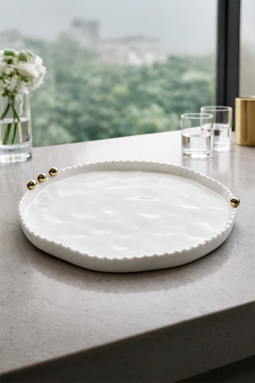 Travessa de Porcelana Branca com Esferas Douradas 29cm