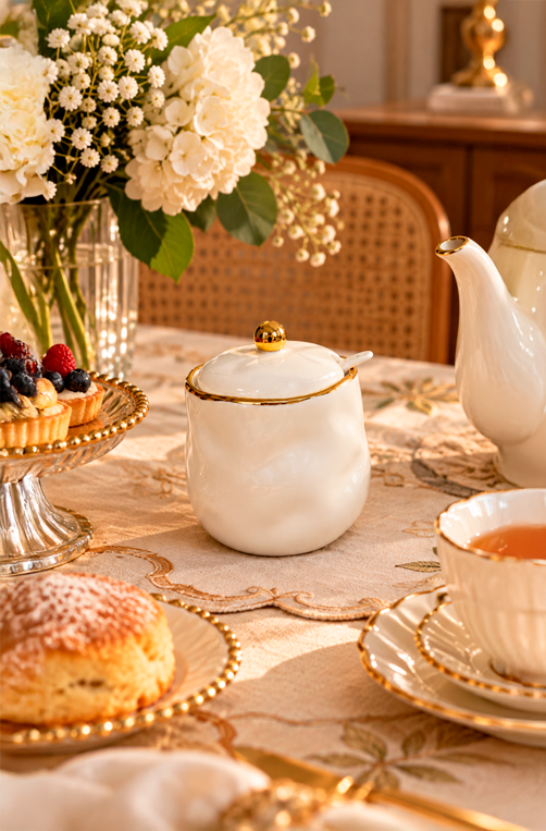Açucareiro com Colher Branco com Esfera Dourado em Porcelana