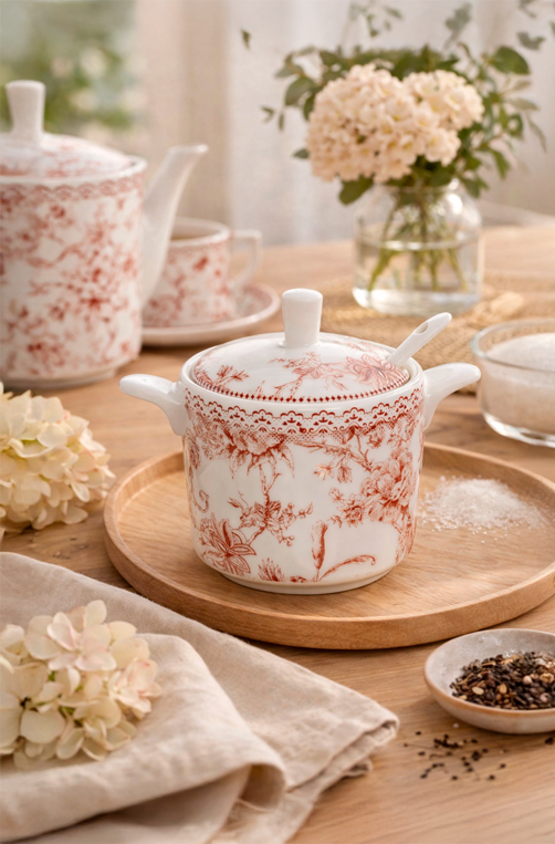 Açucareiro com Colher Hortênsia New Bone Bordô 280ml