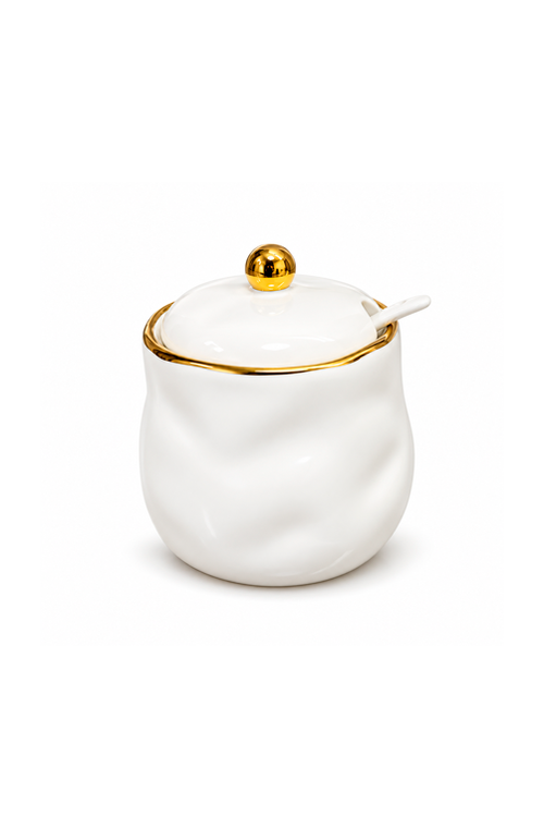 Açucareiro com Colher Branco com Esfera Dourado em Porcelana