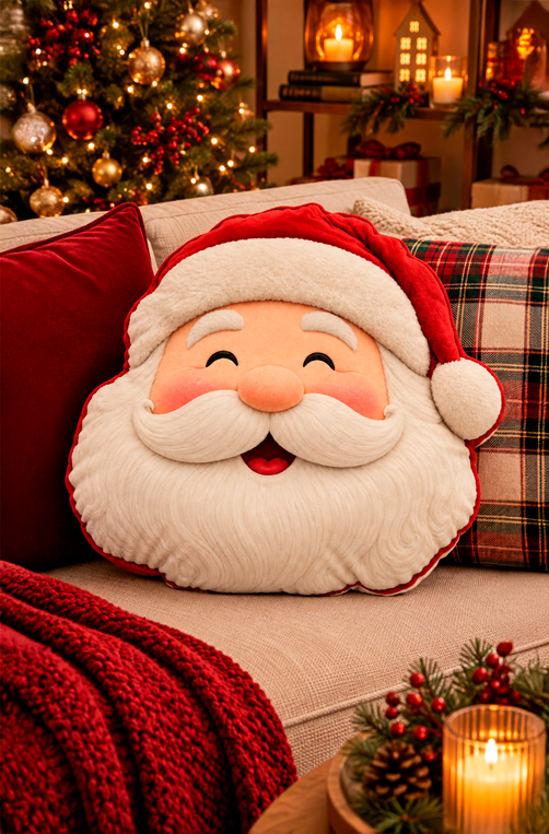 Almofada Natalina Rosto de Papai Noel em Veludo 42x42cm