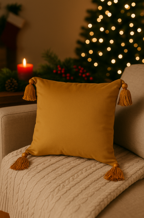 Almofada Natalina de Veludo com Franjinhas Dourado 45x45