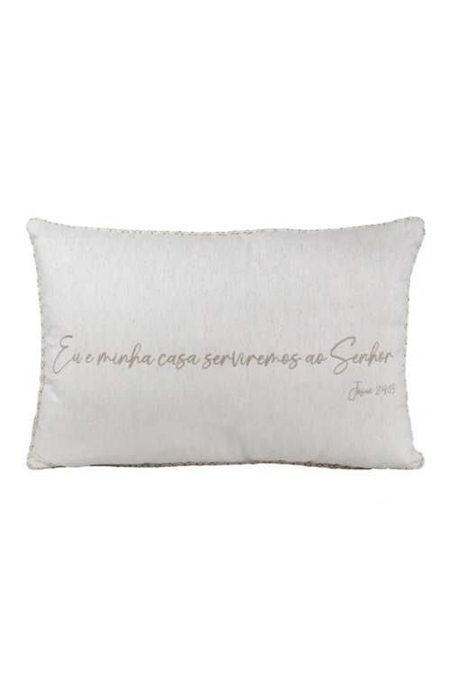 Almofada com Frase Josué 24:15 Bordada Bege de Linho 35x52