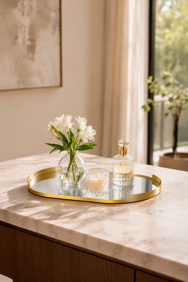 Bandeja Decorativa Espelhada Oval Dourado em Metal Grande