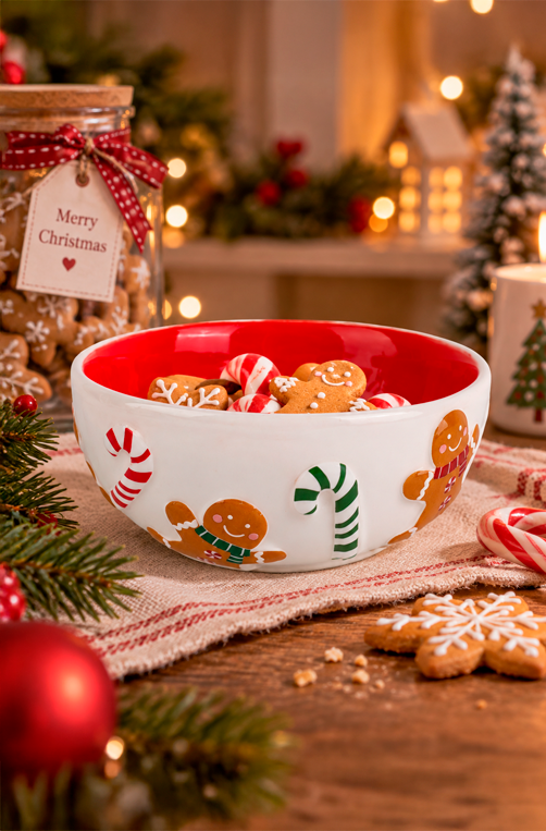 Bowl Gingerbread Natalino Vermlho em Cerâmica