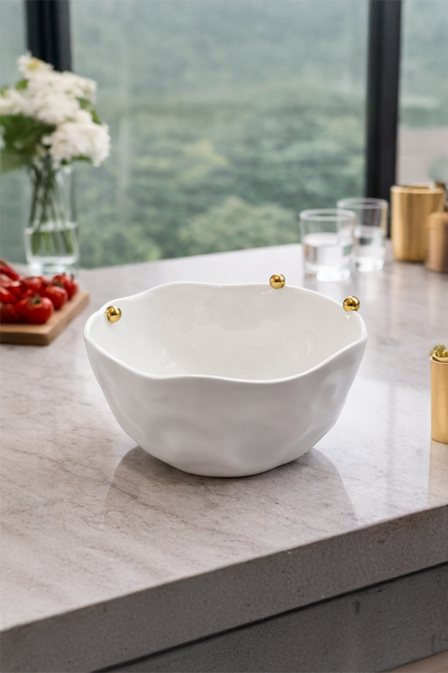 Saladeira em Porcelana Branca com Esferas Douradas