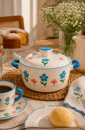 Caçarola com Tampa Floral Azul em Cerâmica 1,2L