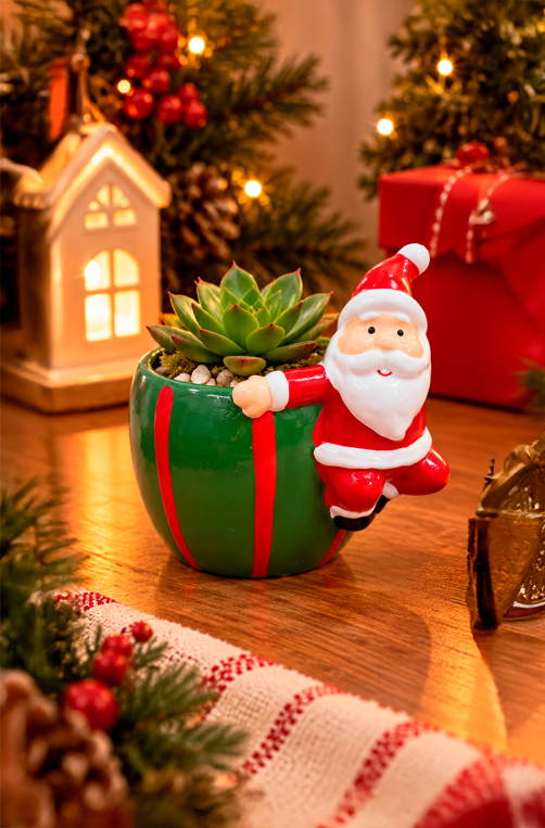 Cachepot Decorativo Natalino de Papai Noel Verde e Branco