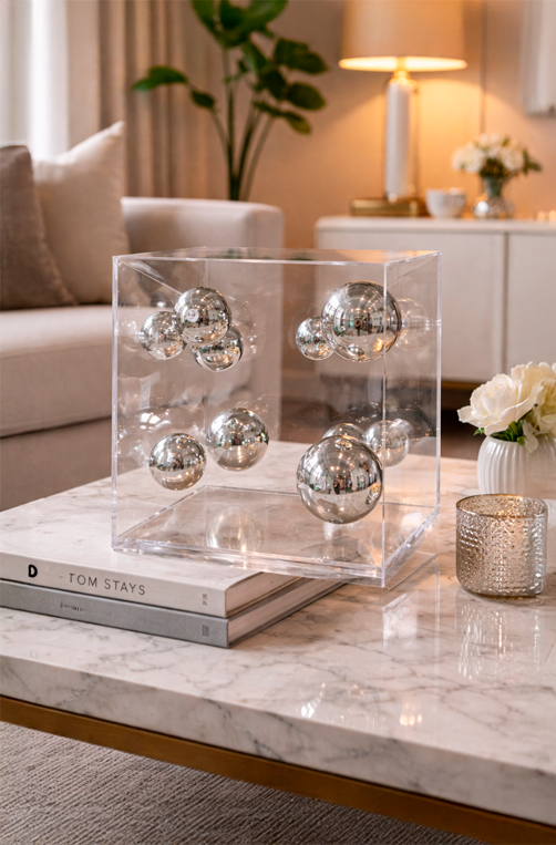 Escultura Decorativa Orbital em Acrílico com Bolas Prata