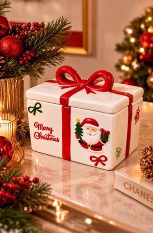 Caixa de Presente Natalina Decorativa com Laço e Papai Noel em Cerâmica