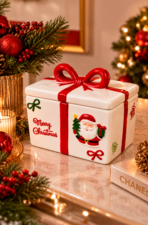 Caixa de Presente Natalina Decorativa com Laço e Papai Noel em Cerâmica