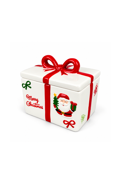 Caixa de Presente Natalina Decorativa com Laço e Papai Noel em Cerâmica