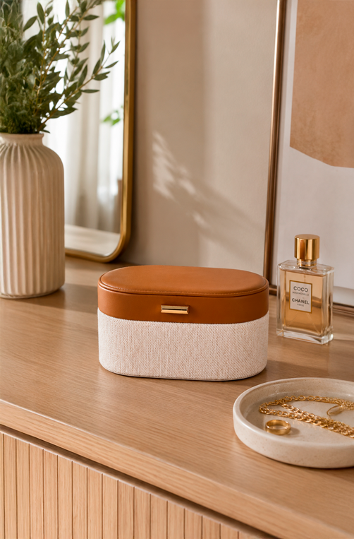 Caixa Decorativa Bege e Marrom com Revestimento em Pu 11cm