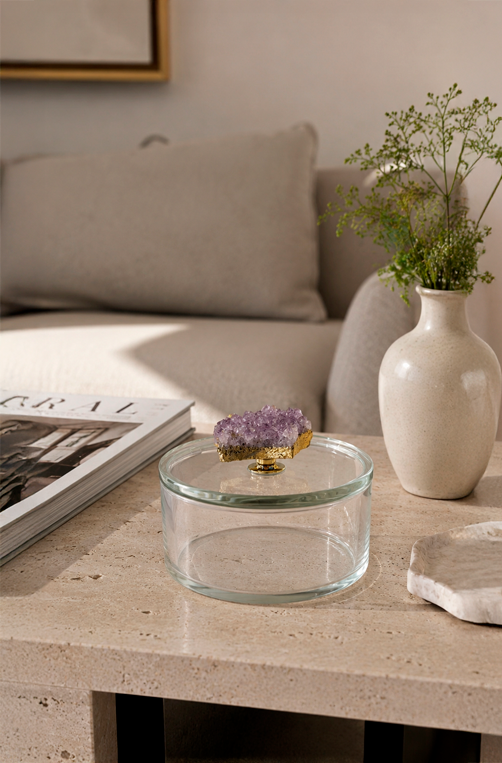 Caixa Decorativo com Pedra Lilás Incolor em Vidro