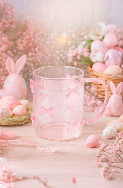 Caneca de Laços com Relevo Rosa em Vidro 500ml