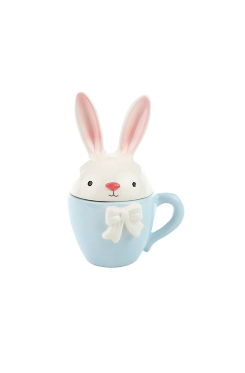 Caneca com Tampa em Cerâmica Branco e Azul 200ml