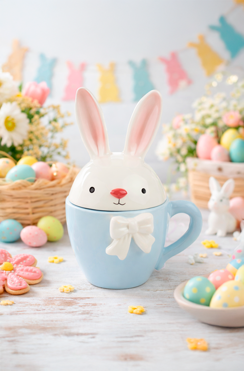 Caneca com Tampa em Cerâmica Branco e Azul 200ml