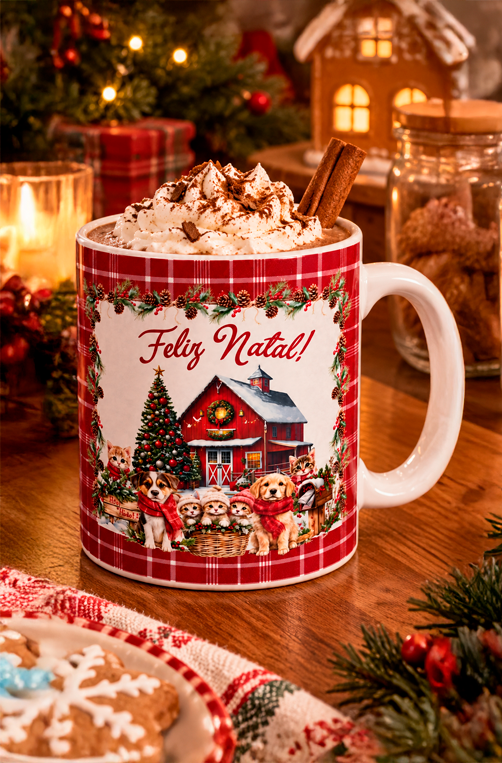 Caneca Natalina Pets na Fazenda 325ml