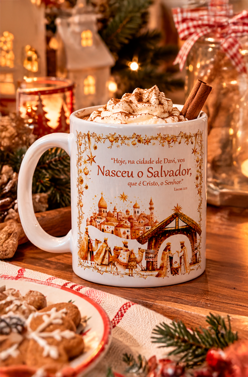 Caneca Natalina Nasceu o Salvador Lucas 2:11 325ml