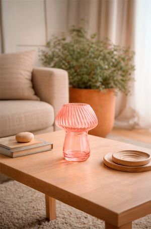 Castiçal de Vidro Cogumelo Rose 12x15 cm