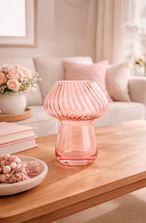 Castiçal de Vidro Cogumelo Rose 20x16 cm