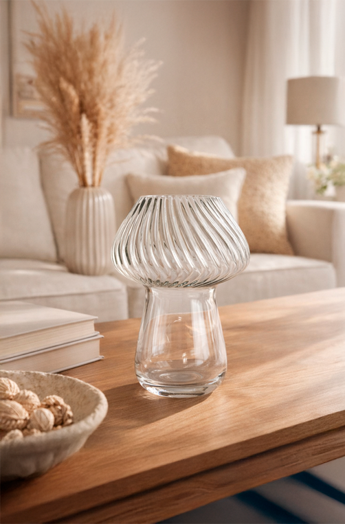 Castiçal de Vidro Cogumelo Transparente 20x16 cm