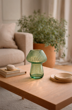 Castiçal de Vidro Cogumelo Verde 12x15 cm