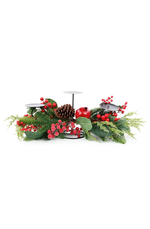 Castiçal de Mesa para 3 Velas de Folhas e Frutas Vermelho