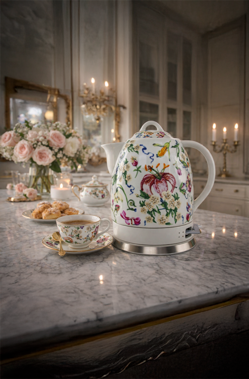Chaleira Eletrica de Porcelana Elegance Branco Floral 127V 1,5L