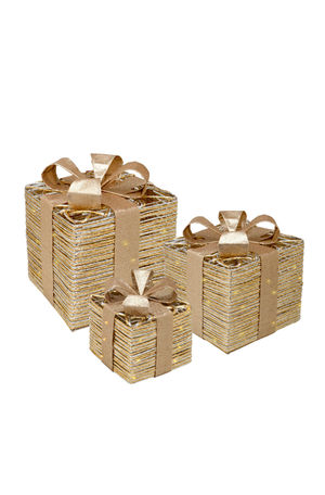 Kit de Caixas com Laço Natalina com Luzes Dourado 3 Peças