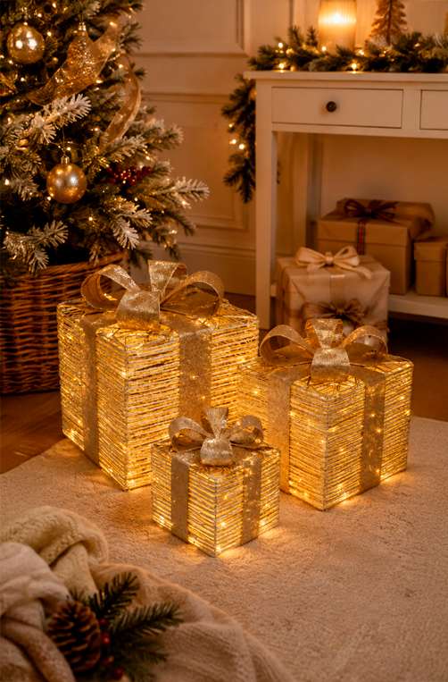 Kit de Caixas com Laço Natalina com Luzes Dourado 3 Peças