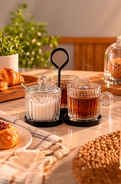 Conjunto de Suporte com Canecas e Açucareiro com Colher Milano em Vidro 4 Peças