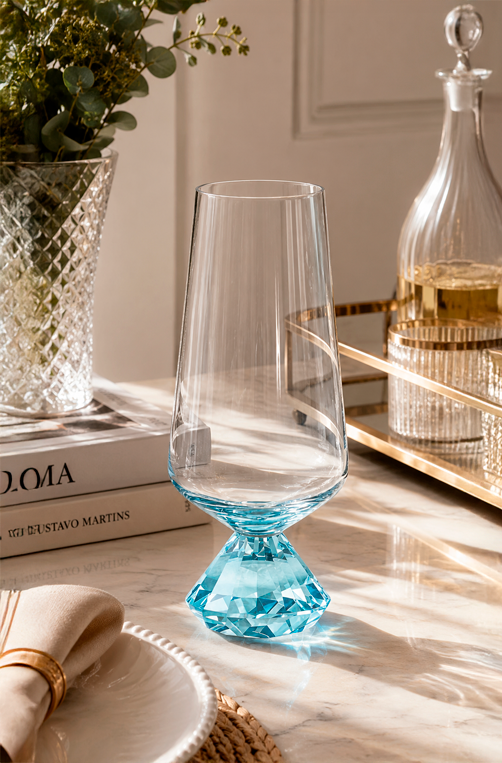 Conjunto de Copos com Base Diamantada Azul em Vidro 290ml 6 Peças