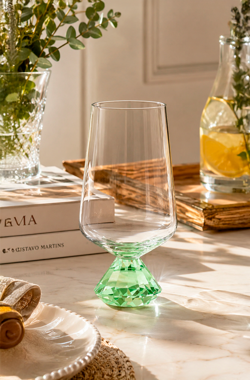 Conjunto de Copos com Base Diamantada Verde em Vidro 290ml 6 Peças