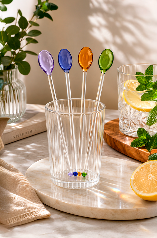 Conjunto de Colheres Mexedoras de Drink Coloridas em Vidro 4 Peças
