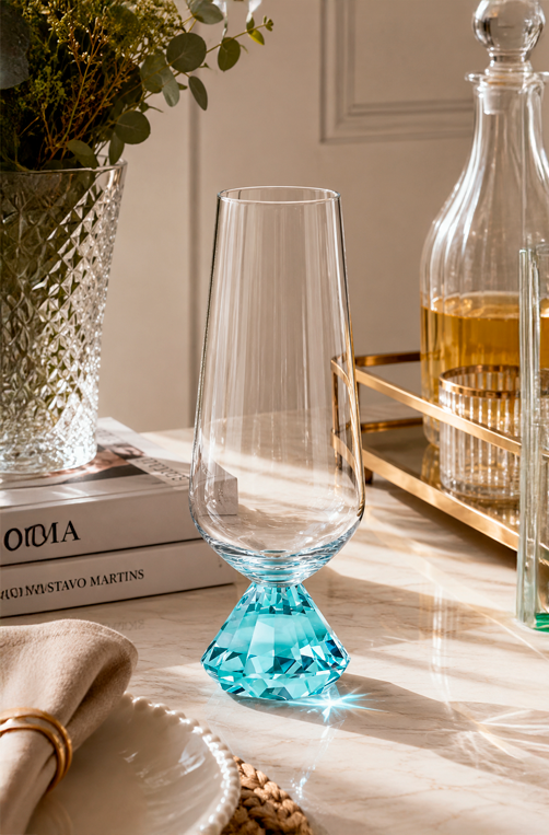 Conjunto de Taça Champanhe com Base Diamantada Azul em Vidro 290ml 6 Peças