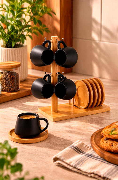 Conjunto de Xicaras com Pires e Suporte Preto Oasis 90ml 7 Peças