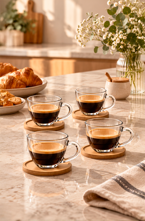 Conjunto de Xicaras de Café com Pires Monaco em Vidro e Bambu 80ml 4 Peças