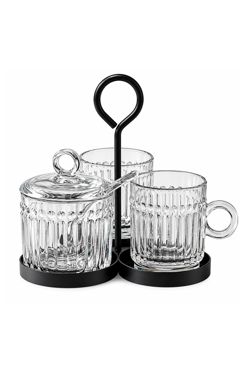 Conjunto de Suporte com Canecas e Açucareiro com Colher Milano em Vidro 4 Peças