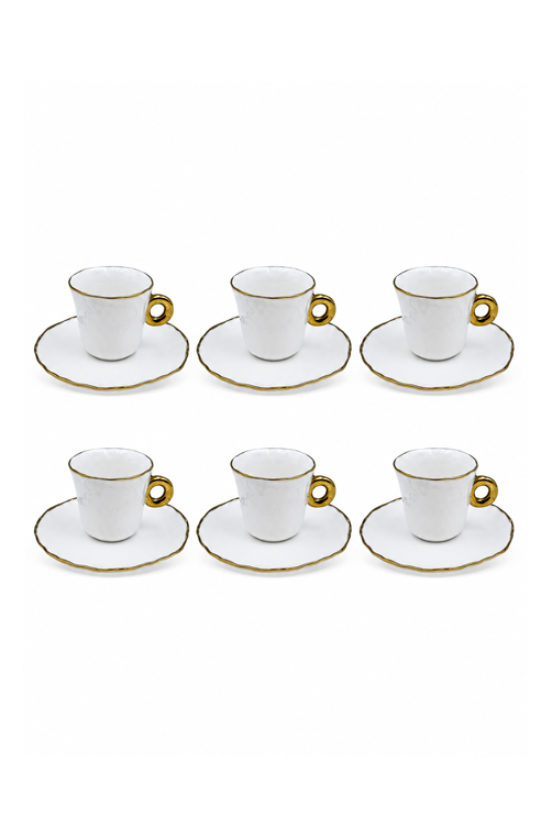 Conjunto de Xicaras com Pires Branco com Filete Dourado em Cerâmica 80ml 6 Peças