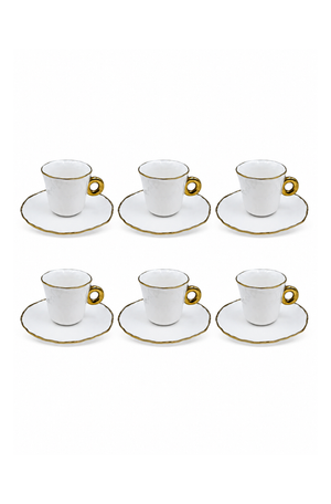 Conjunto de Xicaras com Pires Branco com Filete Dourado em Cerâmica 80ml 6 Peças