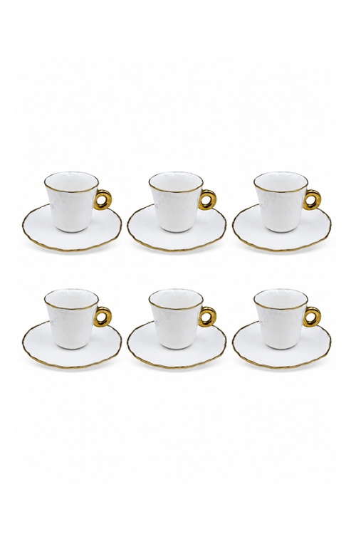Conjunto de Xicaras com Pires Branco com Filete Dourado em Cerâmica 80ml 6 Peças