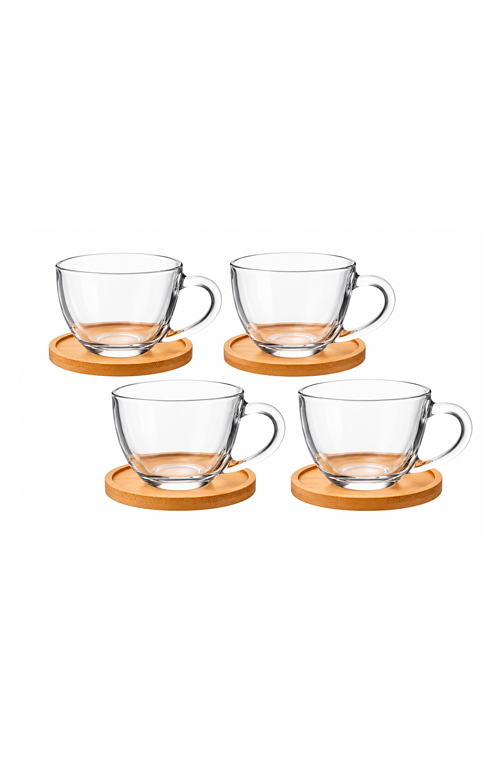 Conjunto de Xicaras de Café com Pires Monaco em Vidro e Bambu 180ml 4 Peças